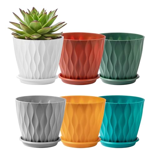 6-Pack 6-Inch Plastic Plant Pots with Saucers | Thickened PP Material, Modern Wave Texture, Enhanced Drainage for Indoor/Outdoor Garden Plants | Multicolor Value Set (Multicolor)
