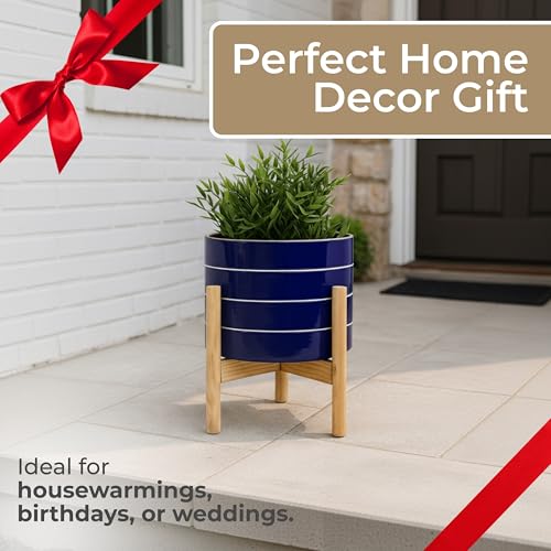Striped Ceramic Planters with Wooden Stand for Home Decor Flower Pots for Entryway