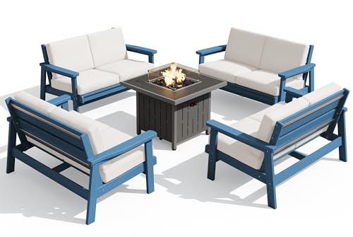 HDPE Patio Furniture Set with 33” Square Fire Pit Table (Blue/Khaki)