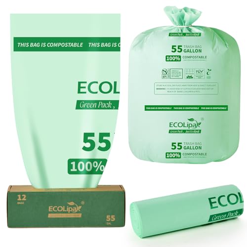 55 Gallon 12 Count Large Compostable Trash Garbage Bags for Lawn (55gallon-12count)