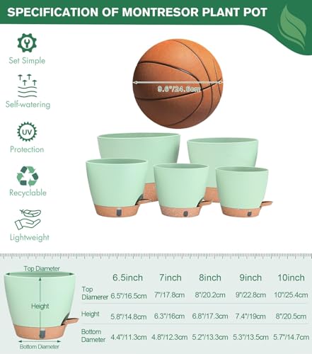5 Pack Self Watering Pots for Ourdoor (Green / 6.5/7/8/9/10 Inch)