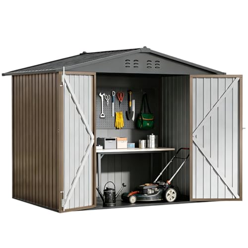 Shed Storage Outdoor Metal Windowed Lockable Weatherproof Ventilated Backyard Garden Utility Workshop (Brown / 8'*6')