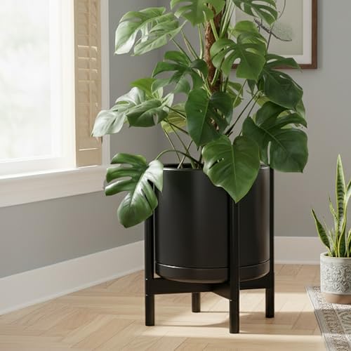 Ceramic Pot with Ebony Wood Stand (14 Inch / Black Pot + Ebony Stand)