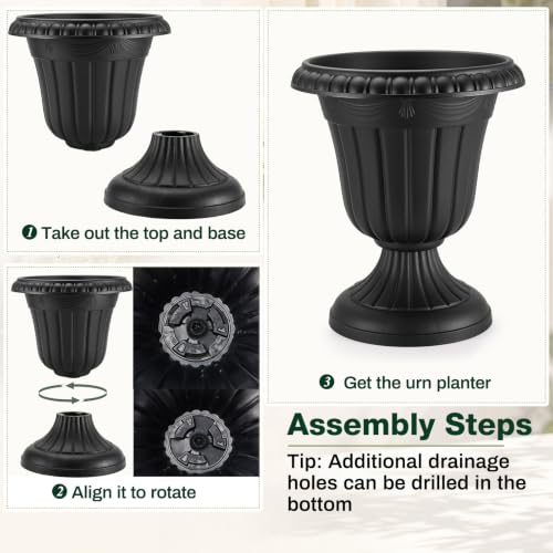 4 Pcs 16 x 18 Inches Black Plastic Urn Planter Classic Flower Pots Front Porch Planters Indoor Outdoor Planters with Pedestal for Wedding Party Bridal Shower Garden Patio Porch (16 x 18 Inches / Black)