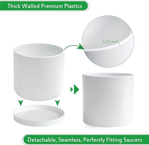 2 Pack White Plastic Planters with Saucers (8")