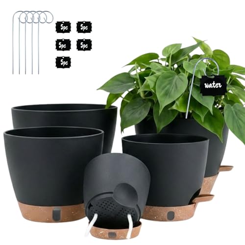 5-Pack 10/9/8/7/6.5Inch Self Watering Plant Pot for Inoor/ Ourdoor Plants (Black / 6.5/7/8/9/10 Inch)
