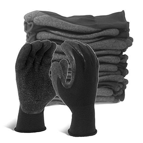 Crinkle Latex Rubber Coated Safety Work Gloves for Men Women (XX-Large / Black-12 Pairs)