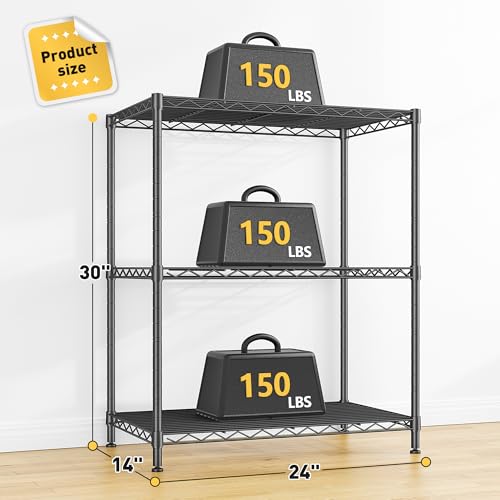 3 Tier 450LBS Adjustable Wire Shelving Unit for Kitchen (Black-24" W x 30" H x 14" D（2P）)