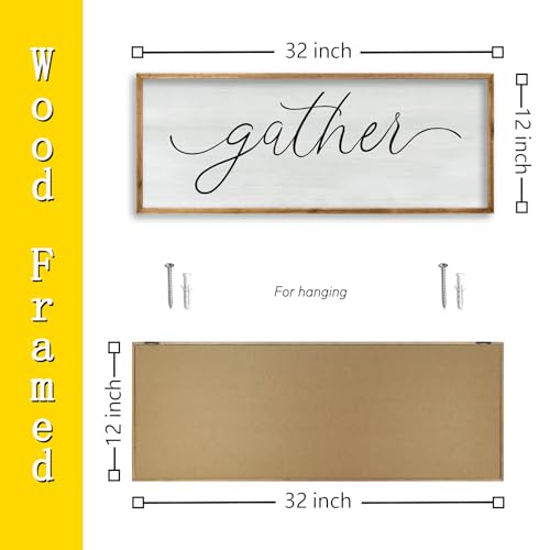 Dining Room Wall Decor Gather Sign 32"×12" for Home Kitchen Cozy Family Reunion Plaque Large Rustic Vintage minimalist Farmhouse Living Room Wood Framed Hanging Art (32"L x 12"W / Gather Sign (Wood))