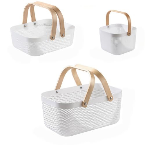3pcs Collapsible Wooden Handle Plastic Harvest Basket (White)