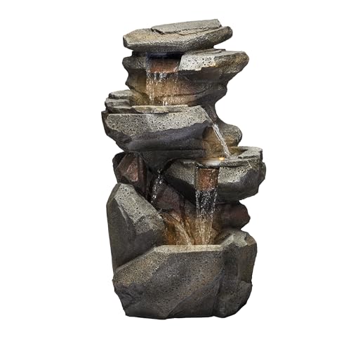 40" Tall Outdoor Multitiered Rock Waterfall Floor Fountain with LED Lights (Gray - 40" H - Multi-tier W/ Warm White Leds)