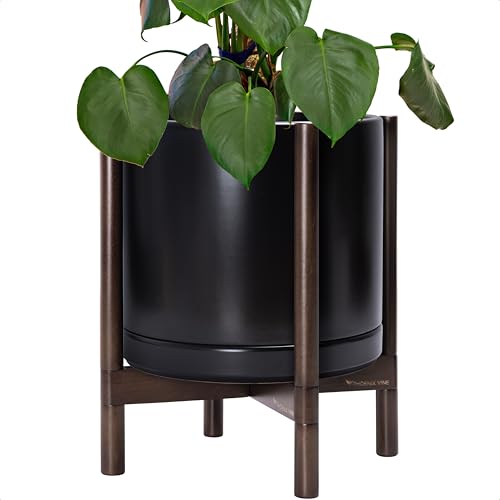 Ceramic Pot with Walnut Wood Stand (14 Inch / Black Pot + Walnut Color Stand)