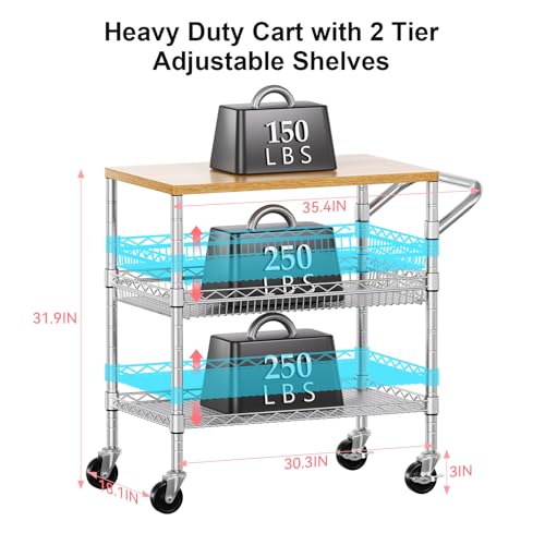 3 Tier Rolling Kitchen Carts with Wheels (Light Wood+metal-3 Tier)