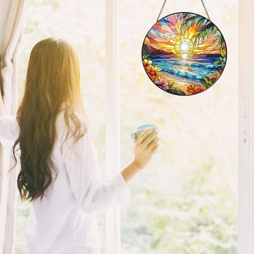 Beach Sunset Sun Catcher Stained Glass Window Hanging 9.8'' (Beach Sunset / 9.8inch)