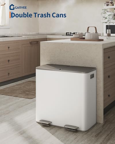 2 x 10.6 gal Stainless Steel Double Trash Can with Lid for Kitchen (Grayish-White / 2 x 10.6 Gallon)