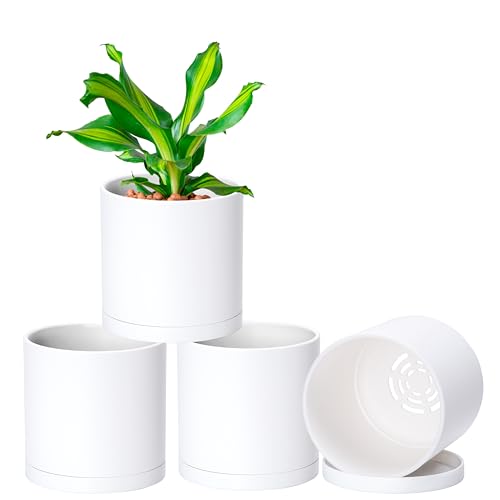 4 Pack White Plastic Planters with Saucers (5.5")