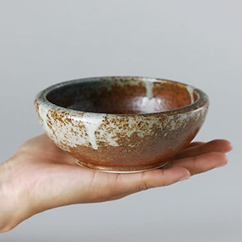 Minoyaki Series Small Round Glazed Ikebana Flower Vase (5.04 x 5.04 x 1.89 inches / White Stripe and Terracotta)