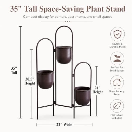 3 Tier Plant Stand with 3 Removable Metal Pots Indoor Outdoor Corner Plant Rack (35" H)
