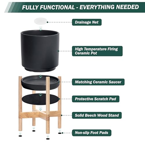 Ceramic Pot with Natural Wood Stand (14 Inch / Black Pot + Natural Stand)