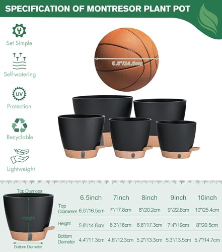 5-Pack 10/9/8/7/6.5Inch Self Watering Plant Pot for Inoor/ Ourdoor Plants (Black / 6.5/7/8/9/10 Inch)