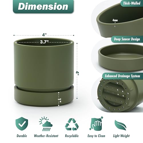 4 Inch Planter Pot with Drainage Hole & Saucer (4" (3 Pack) / Olive)