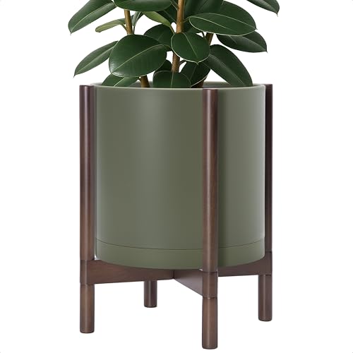 Plastic Pot with Walnut Wood Stand (Olive Pot + Walnut Color Stand / 14 Inch)