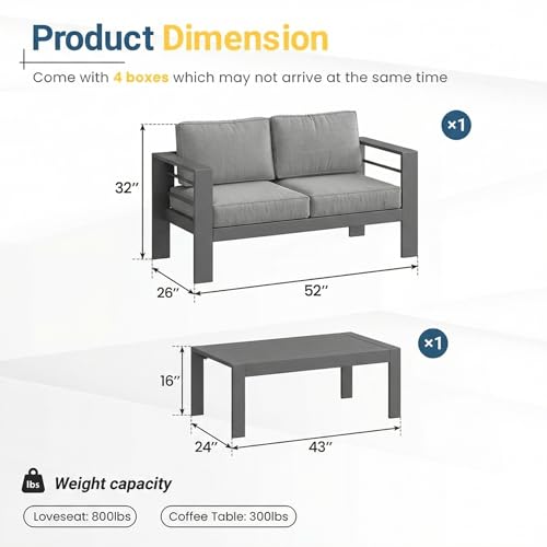 Aluminum Patio Furniture Set for All Weather (Charcoal Gray / Loveseat+Wood Top Table)