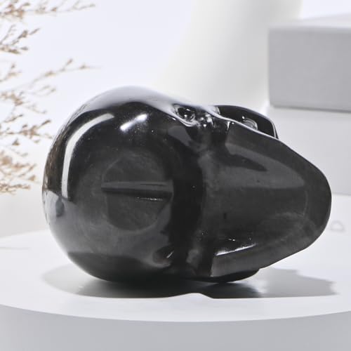 5''Natural Silverstone Obsidian Crystal Skull Head Hand Carved Reiki Healing Stone Statue Healing Home Office Art Room Decoration (Silverstone Obsidian / 5inch)