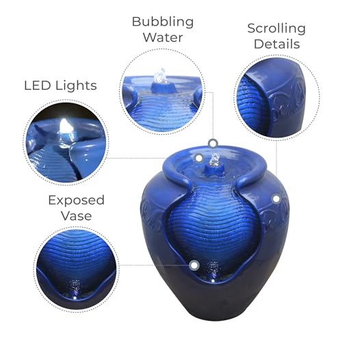 16.96 in. Outdoor Glazed Pot Water Fountain with LED Lights (Blue)