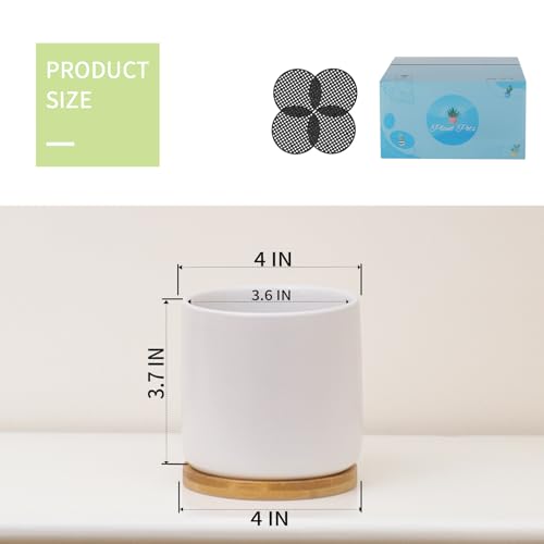 4 Inch Ceramic Plant Pots with Drainage Holes and Trays (White)