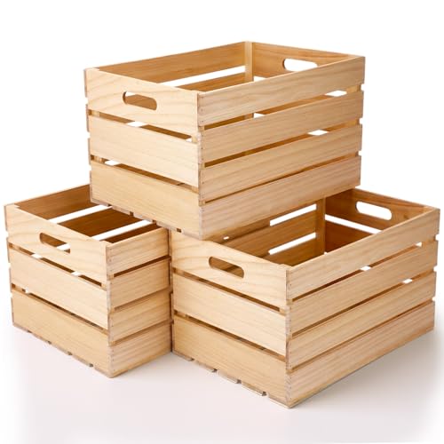 3 Pack Large Wood Crates Box for Storage 24 x 15 x 12 inch Unassembled Wooden Milk Crates with Handle Decorative Nesting Box for Display Rustic Decor DIY Office Home Retail Art Craft (Wood / 24 Inch)