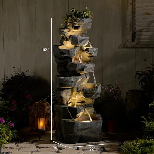 58" H Cascading Realistic Rock Outdoor Water Fountain with 7 Tiers (58H / Gray-3071)