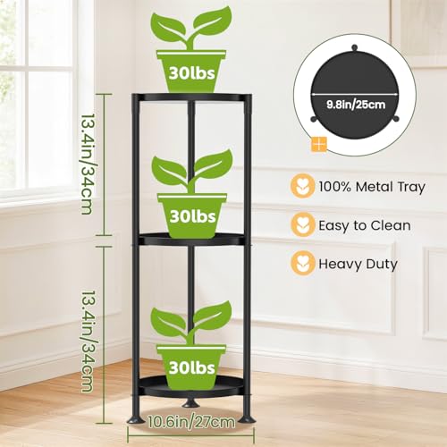 Plant Stand Indoor Tall Corner with Large Metal Tray (Standard Black / 3 Tier)