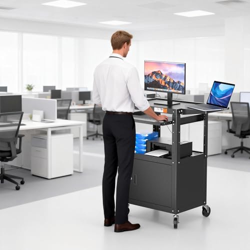 Steel AV Cart with Locking Cabinet & Drop Leaves (Locking Cabinet with Drop Leaves (AVMTK))