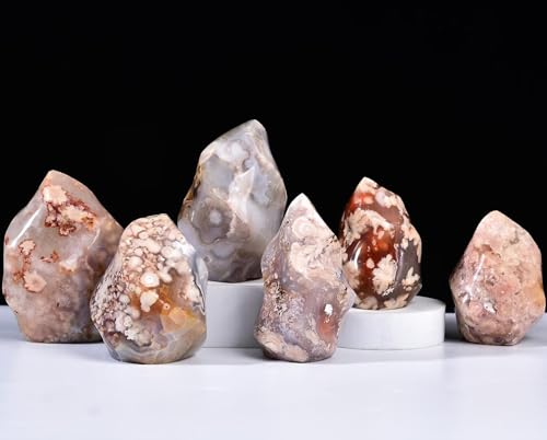 1.5 2.2LBS Cherry Blossom Agate Flame Shaped Stone Tower Flower Natural Healing Crystal Quartz Obelisk with Reiki Energy for Home Office Decoration (Cherry Blossom Agate / 1.5-2.2 Pound)