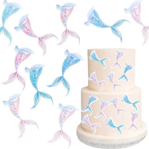 60Pcs Edible Colorful Mermaid Tails Cupcake Toppers Mermaid Cupcake Picks for Under The Sea Party Decoration Baby Shower Girls Mermaids Birthday Ocean Theme Bridal Shower Wedding Supplies (Blue Pink Purple)