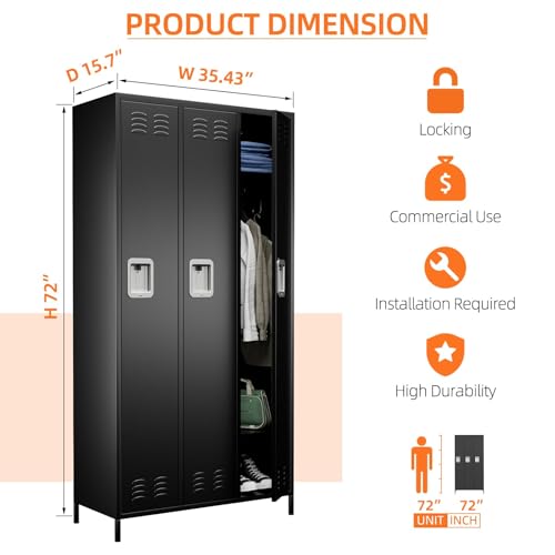 Metal Storage Locker with 3 Doors (3 Door / Black)