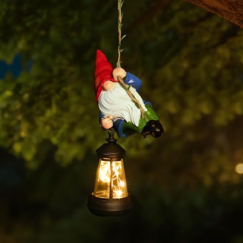 Solar Hanging Gnome Garden Statues Funny Climbing Gnome with LED Lantern (Red Hat Hanging Gnome)