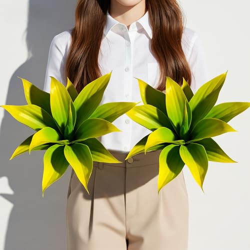 2-Pack 13-Inch Artificial Agave Plant Outdoor Decor, UV Resistant Fake Agave Plants and Faux Succulent Greenery for Planters, Porch, Patio, Garden, Entryway and Home Decor, Yellow (Agave12-ye2)