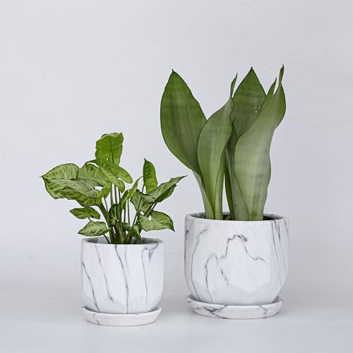 White Plant Pots Set of 2 Planters 4 and 5 Inch with Saucer Tray (Marble White)