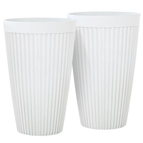 Autodaya 20" Tall Fluted Resin Planters Set of 2 with Drainage Holes (White Fluted-20"h)