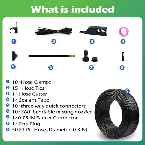 Drip Irrigation System 30 FT with 10 Nozzles (30 ft PU hose (5/16 in OD, 8mm))