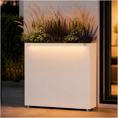 30" H Rectangular Metal Planter with Led Light for Indoor Outdoor White (White / 30"H×10"W×30"L)