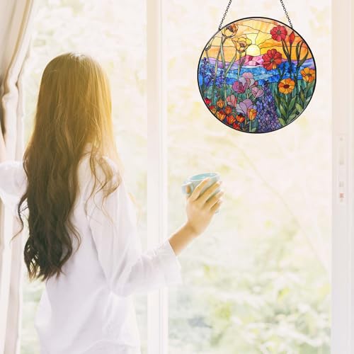 Wildflowers Sun Catcher 9.8'' Stained Glass Window Hanging Plant Lover Gifts for Women Wildflowers Wall Decor Handmade Sun Catcher Decoration for Window Garden Home Christmas & Birthday Gifts (Wildflowers / 9.8inch)