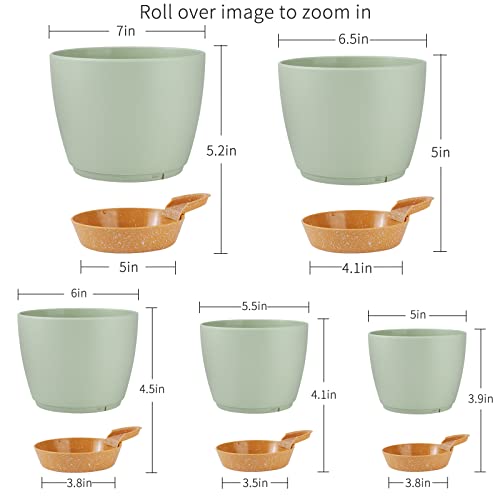 5/5.5/6/6.5/7 Inch Self Watering Planters, Green (5 Count)