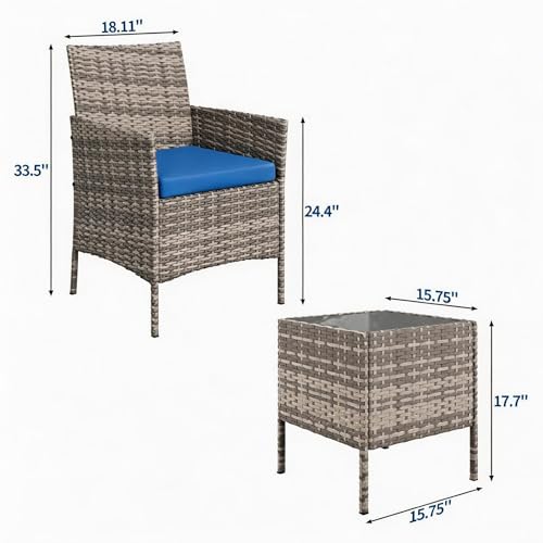 3 Piece Patio Conversation Bistro Set (Grey/Blue / 3 Pieces)