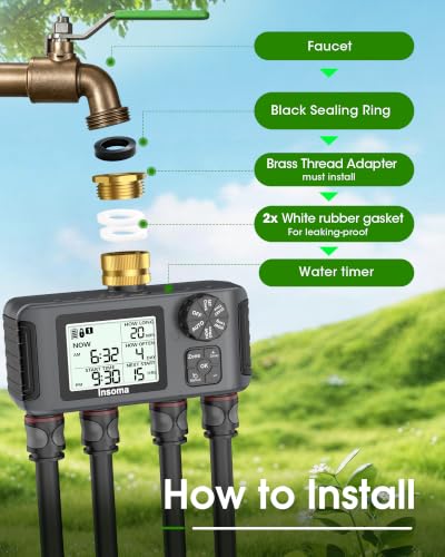 4 Zones Sprinkler Timer with Brass Inlet (Black / 4 Outlets)