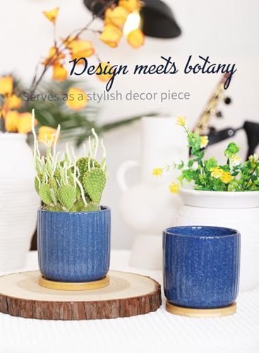4 Inch Cylinder Ceramic Plant Pots with Trays (Blue(4inch))