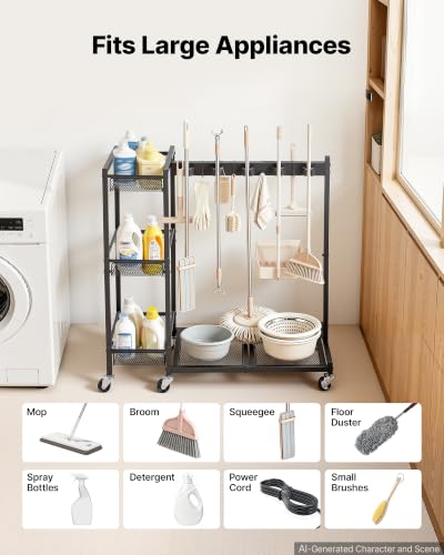 Broom Holder with Cleaning Supplies Organizer (Medium)