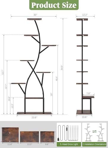 Plant Stand Indoor with Grow Lights 65" Tall Plant Shelf Corner Lighted Plant Stands for Indoor Growing Multiple Metal 8 Tiered Large S (Black-65")